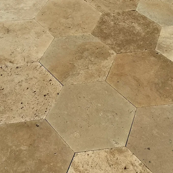 Dallage hexagonal mix beige 1er choix 30.5x30.5 ép.1.2 cm  Unité de vente : 1.0166 m² (17 dalles)